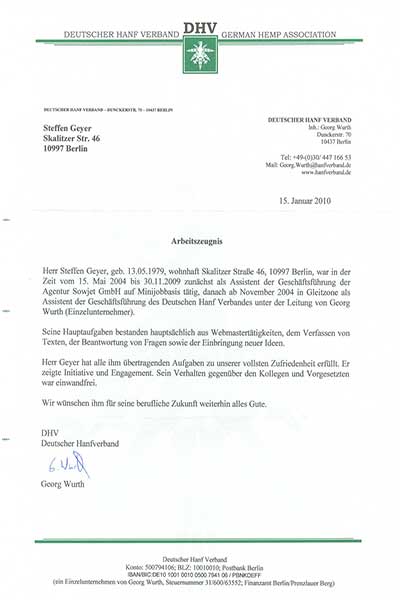 Arbeitszeugnis Deutscher Hanfverband