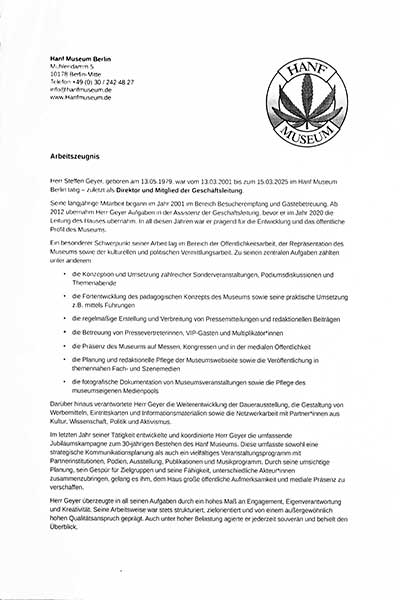 Arbeitszeugnis Hanf Museum Berlin - Seite 1