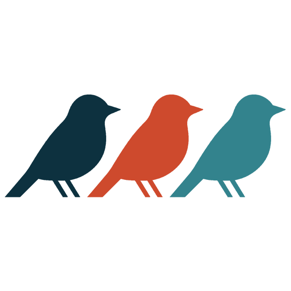 Drei Vögel in Dunkelblau, Orange und Türkis